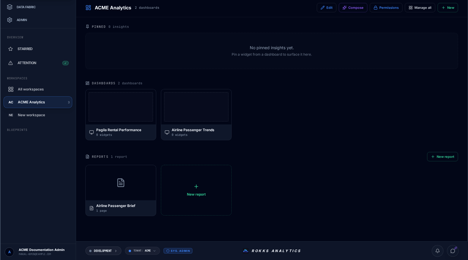 ACME Analytics workspace with two starter dashboards and one report