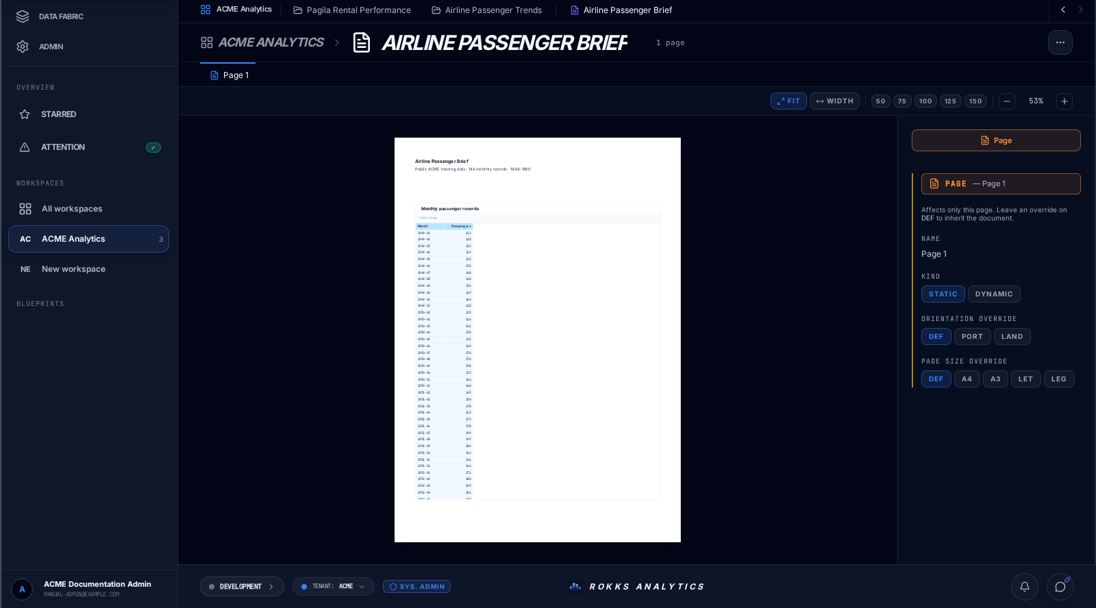 ACME Airline Passenger Brief with a linked live passenger table
