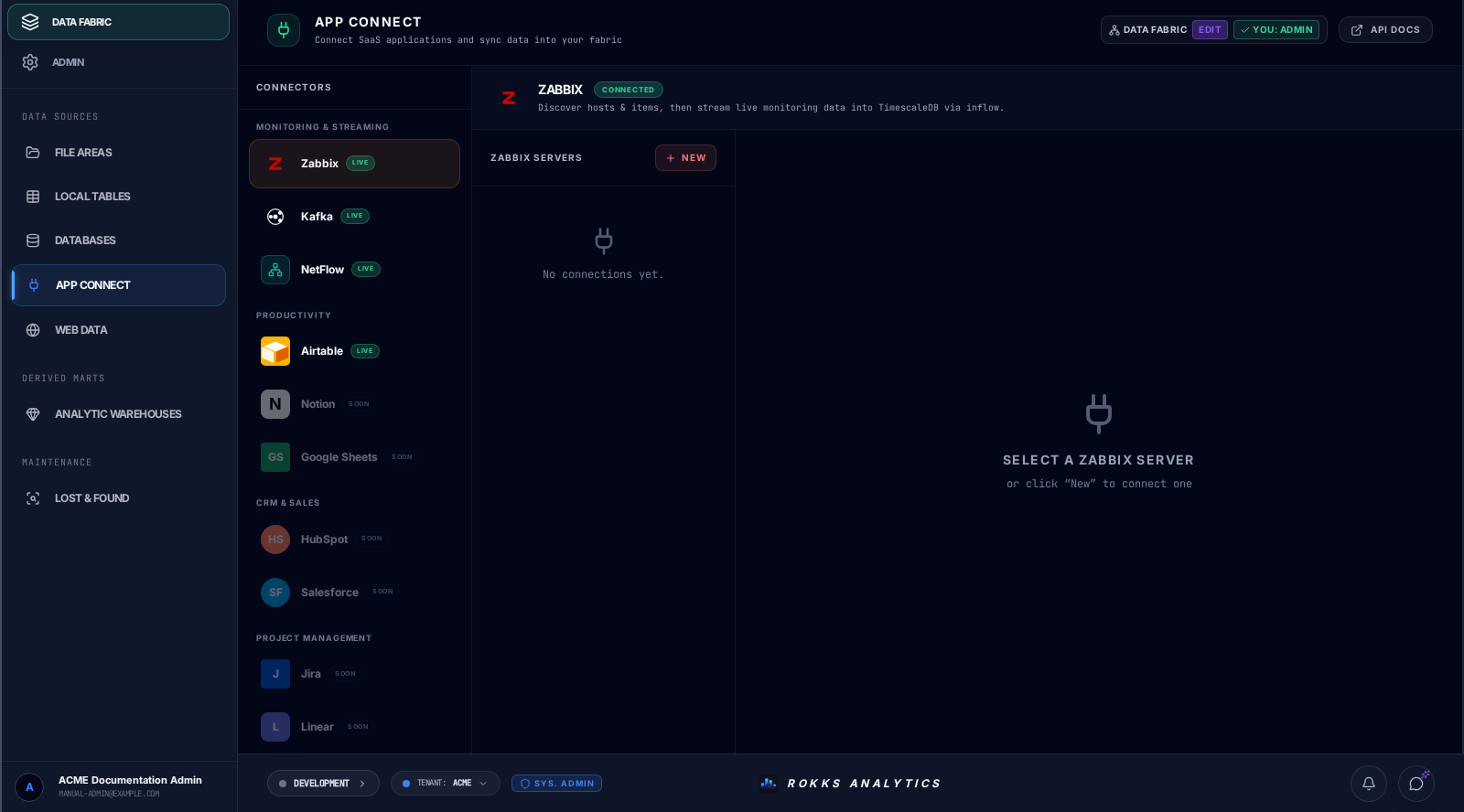 App Connect catalogue with Zabbix selected and no ACME server connections