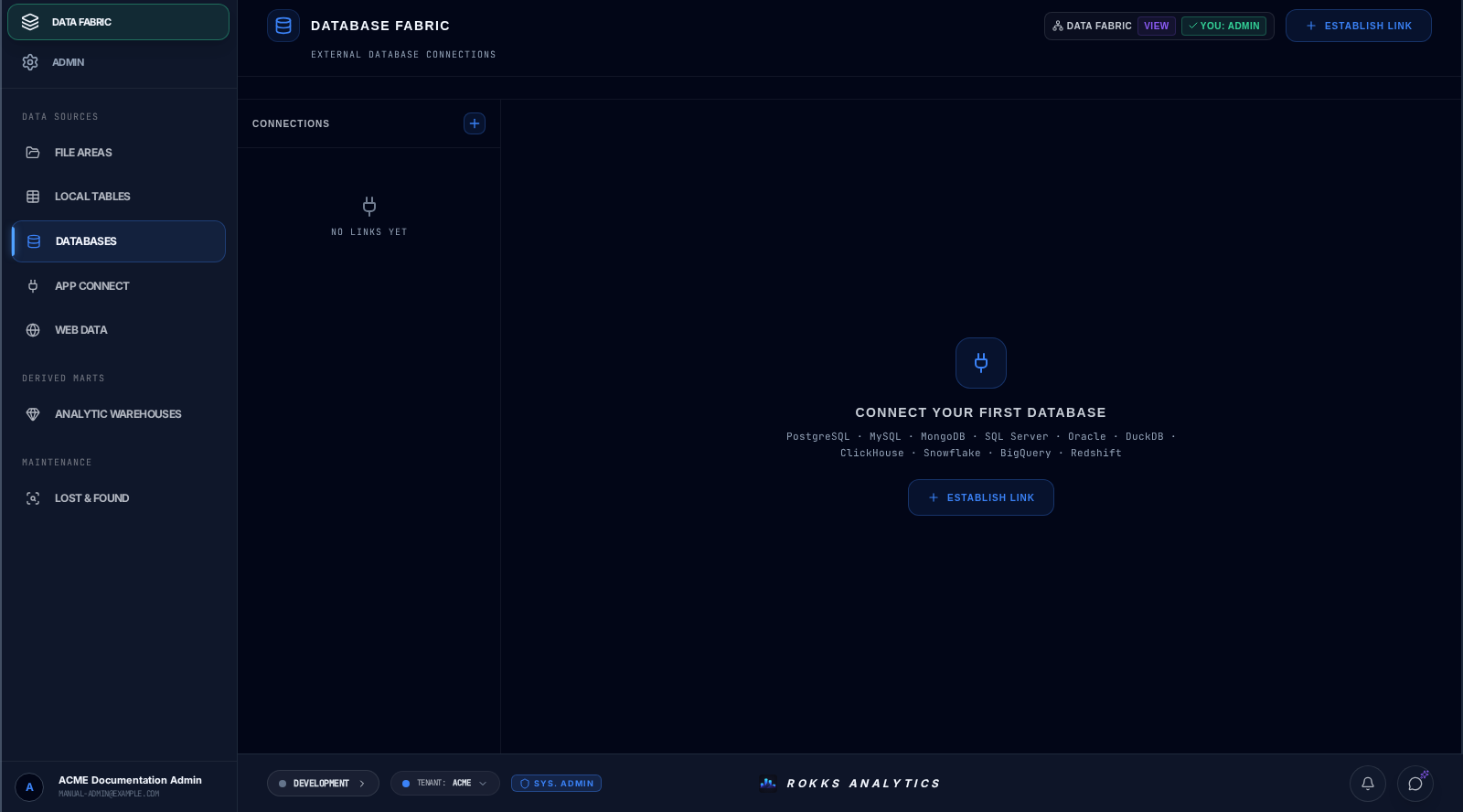 ACME Database Fabric before an external database is connected