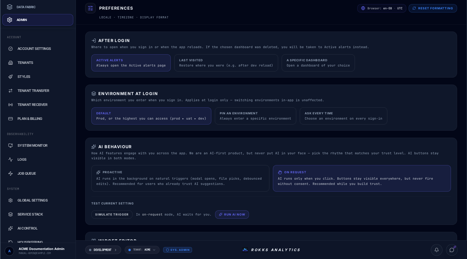 ACME user preferences for the landing page, login environment, and AI behaviour