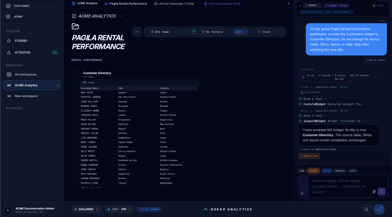 Sidekick Agent renaming the ACME Pagila Customer Directory widget