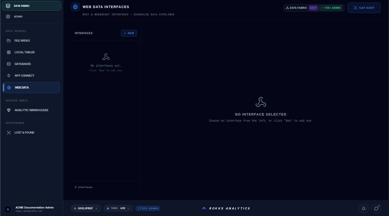 ACME Web Data Interfaces screen with no interfaces configured