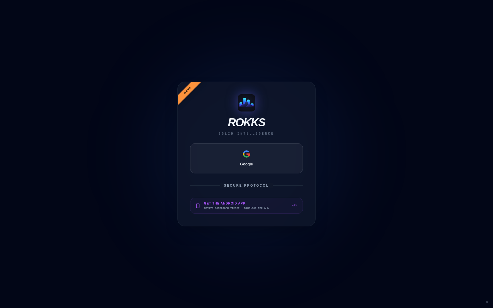 ROKKS beta login screen with Google sign-in and Android app download
